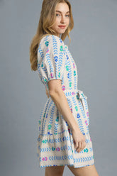 Umgee Printed Tie Waist Puff Short Sleeve Mini Dress OutfitFlow